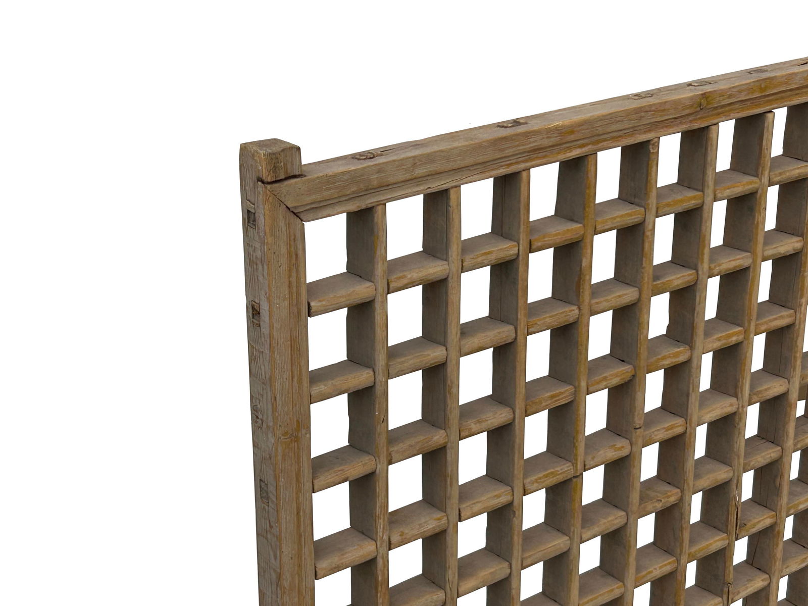 Vintage Restored Oriental Lattice Square Pattern Rustic Raw Wood Wall Panel - 3