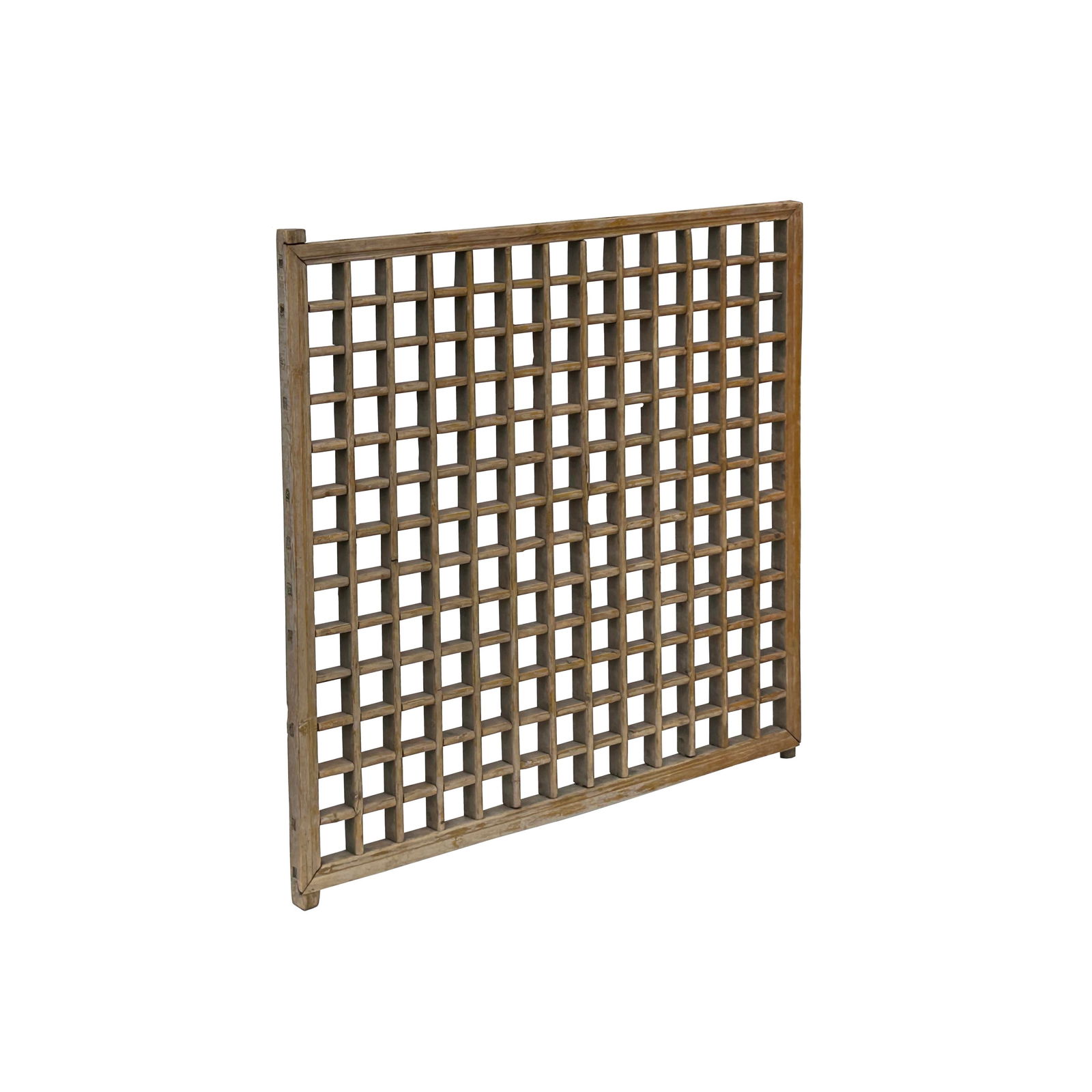 Vintage Restored Oriental Lattice Square Pattern Rustic Raw Wood Wall Panel - 4