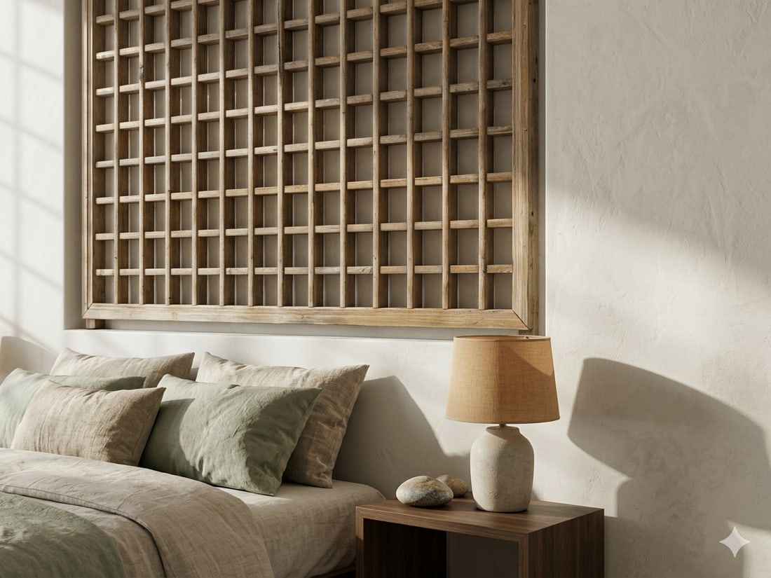 Vintage Restored Oriental Lattice Square Pattern Rustic Raw Wood Wall Panel - 5