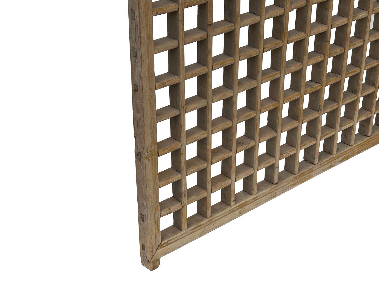 Vintage Restored Oriental Lattice Square Pattern Rustic Raw Wood Wall Panel - 7