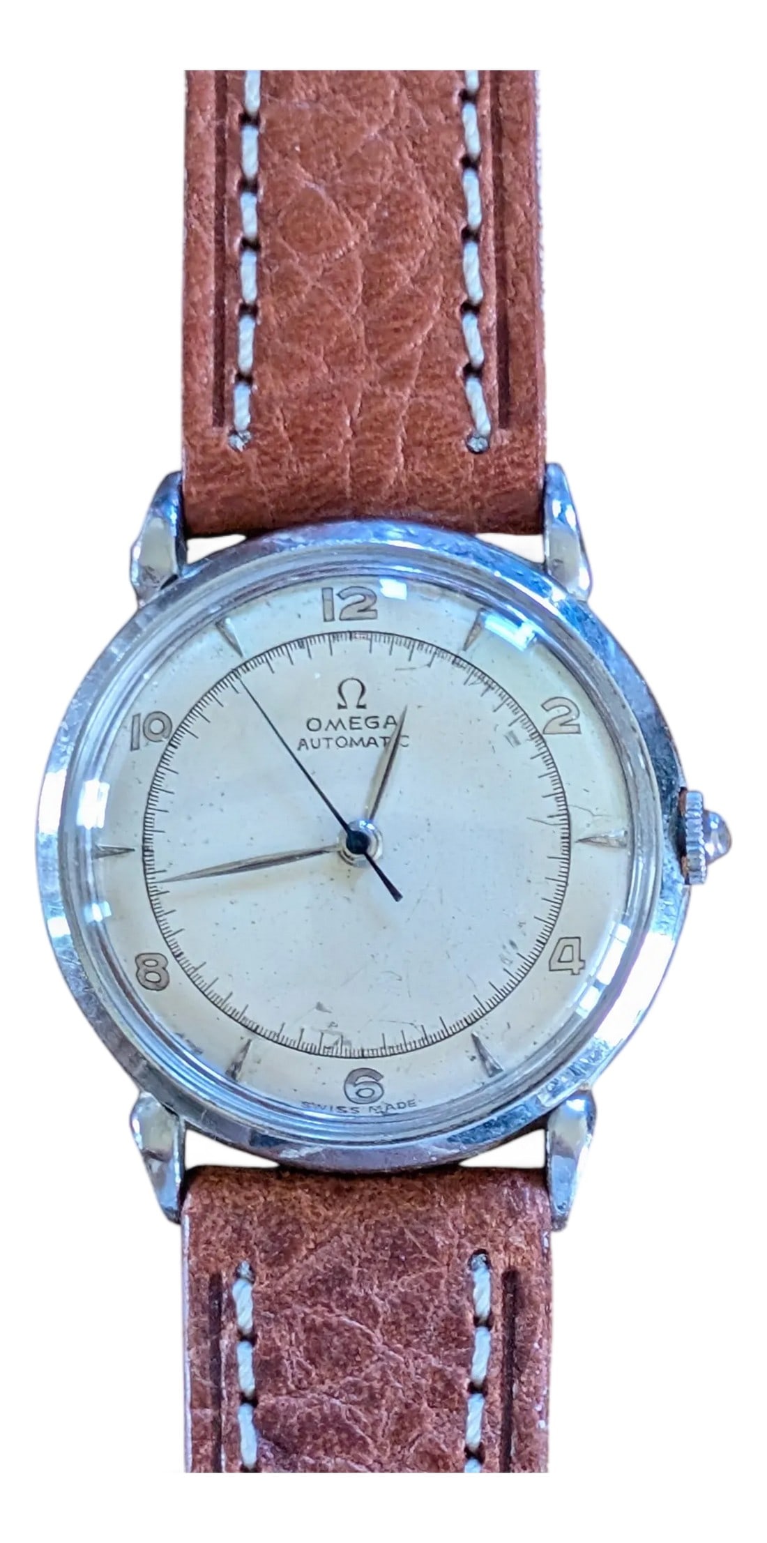 1940s Omega "Bumper" Automatic Men's Wrist Watch: Absolutely gorgeous vintage Omega watch. Bumper movement. Pristine crystal, new band and freshly serviced here in Los Angeles. The back is engraved, but can be polished out. Extremely classic design.
