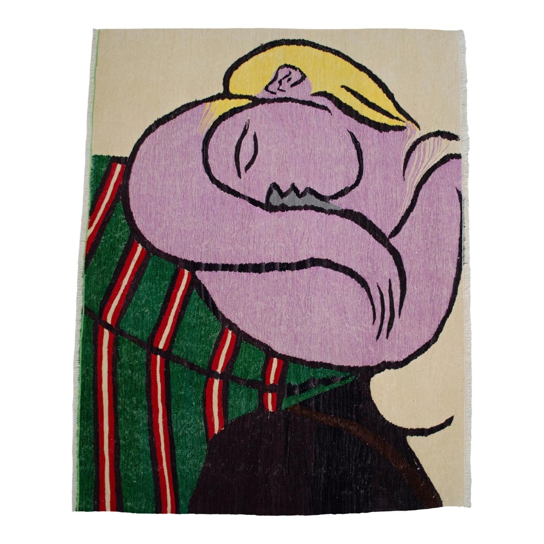 Pablo Picasso - Woman With Yellow Hair - Inspired Hand Woven Area Rug - Wall Rug , Wool 3"²: A singular work at the intersection of Anatolian flat weave tradition and Western modernism, this handmade Oushak kilim adapts Pablo Picasso's 1932 painting "Woman with Yellow Hair" into woven form.