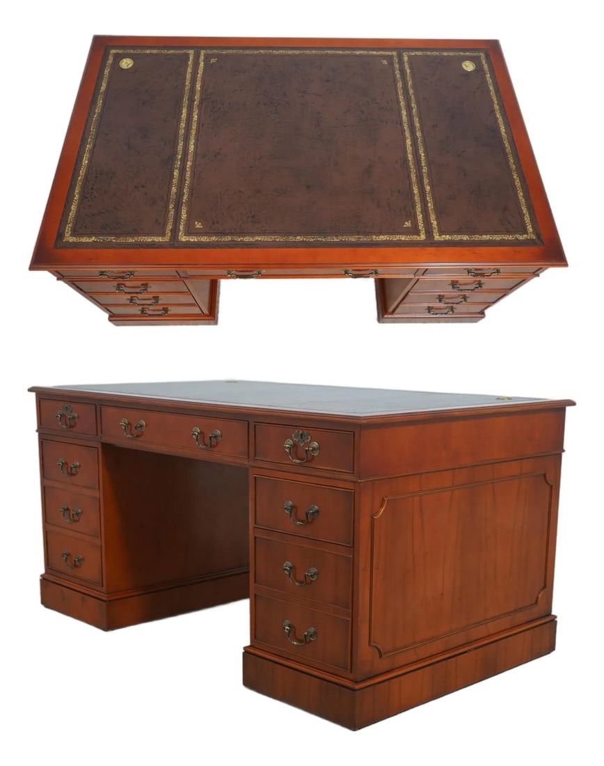 English Yew Wood Brown Leather Top 3 Part Desk: Age: Approx: 10 Years Old Details: Brown Tooled Leather Top Dovetailed Drawer Construction Quality Construction Quality Tooled Leather Top Nicely Finished On All Sides Fold Down Keyboard Tray Left &
