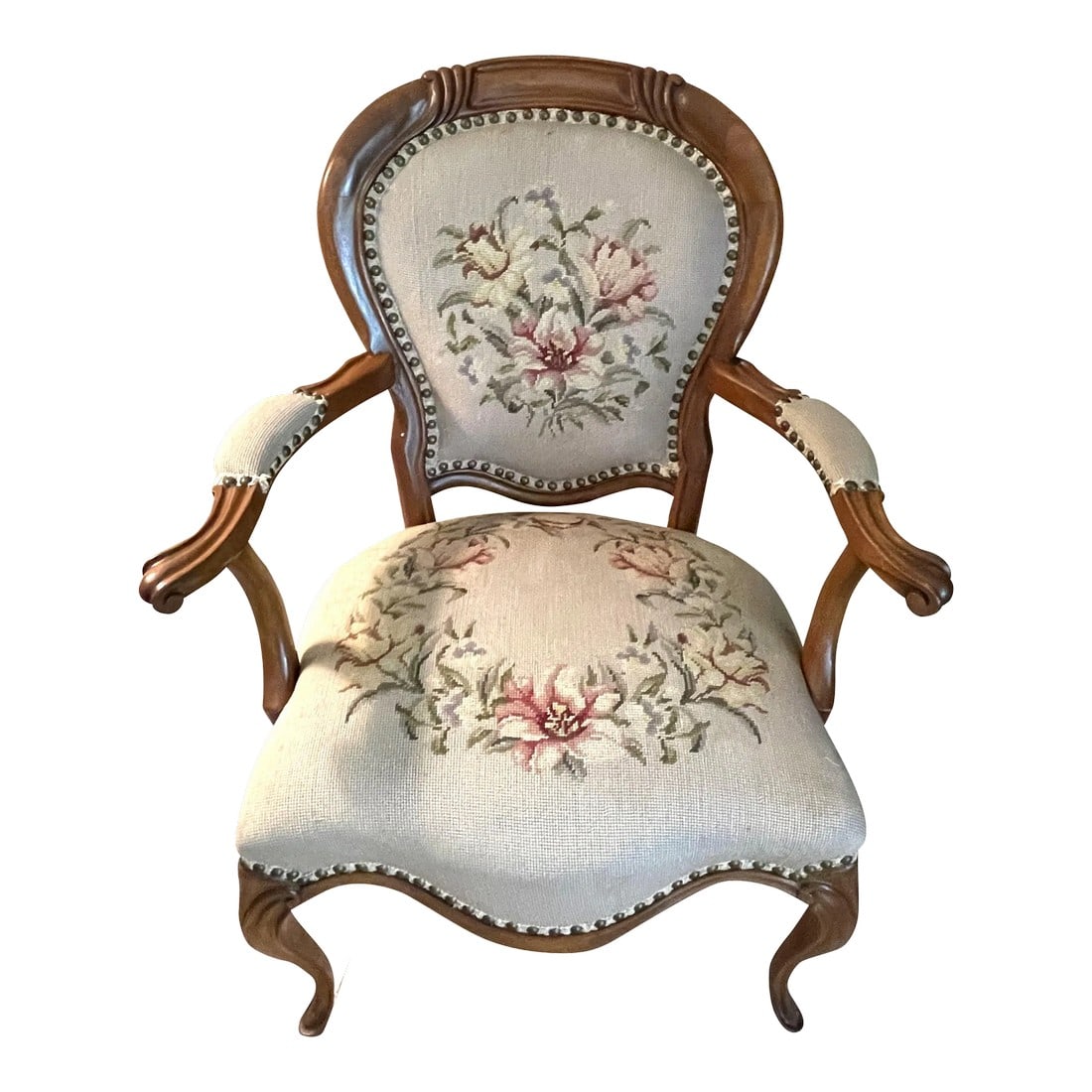 1920s French Needlepoint Upholstered Walnut Accent Chair (1 of 10)