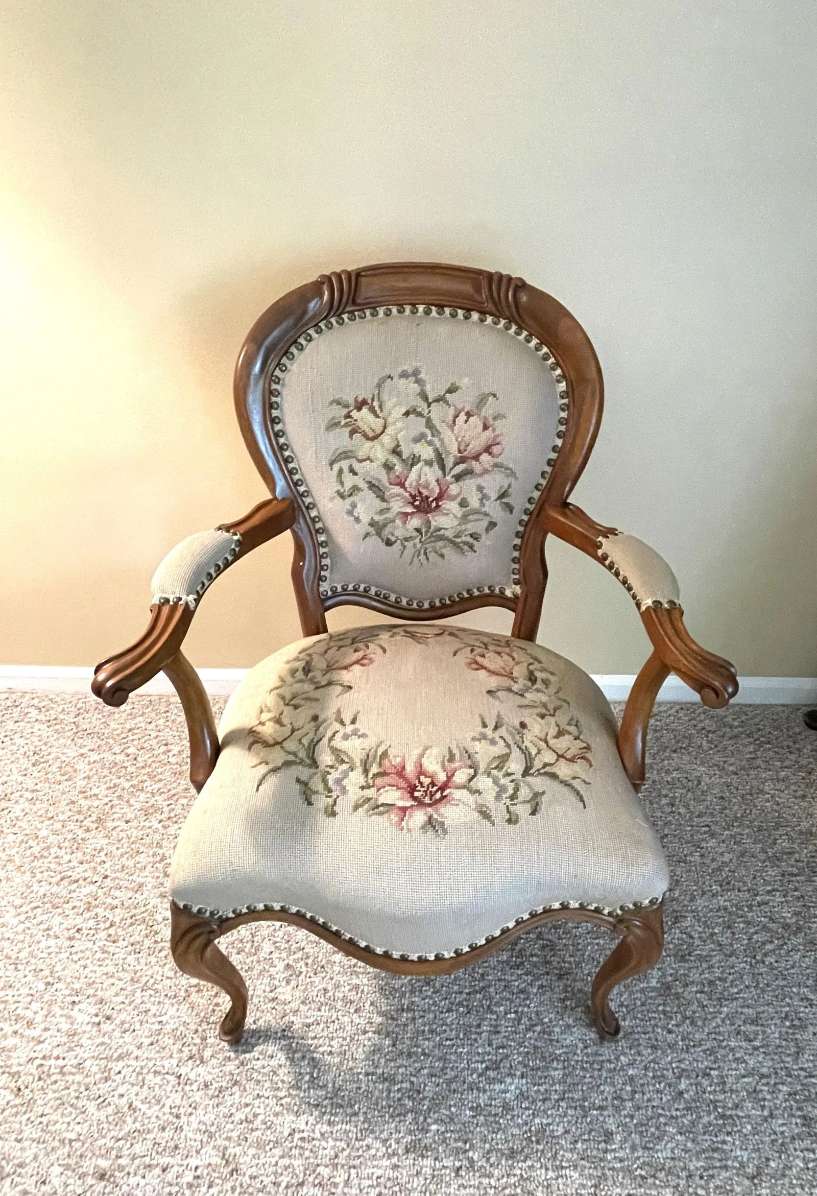 1920s French Needlepoint Upholstered Walnut Accent Chair - 3
