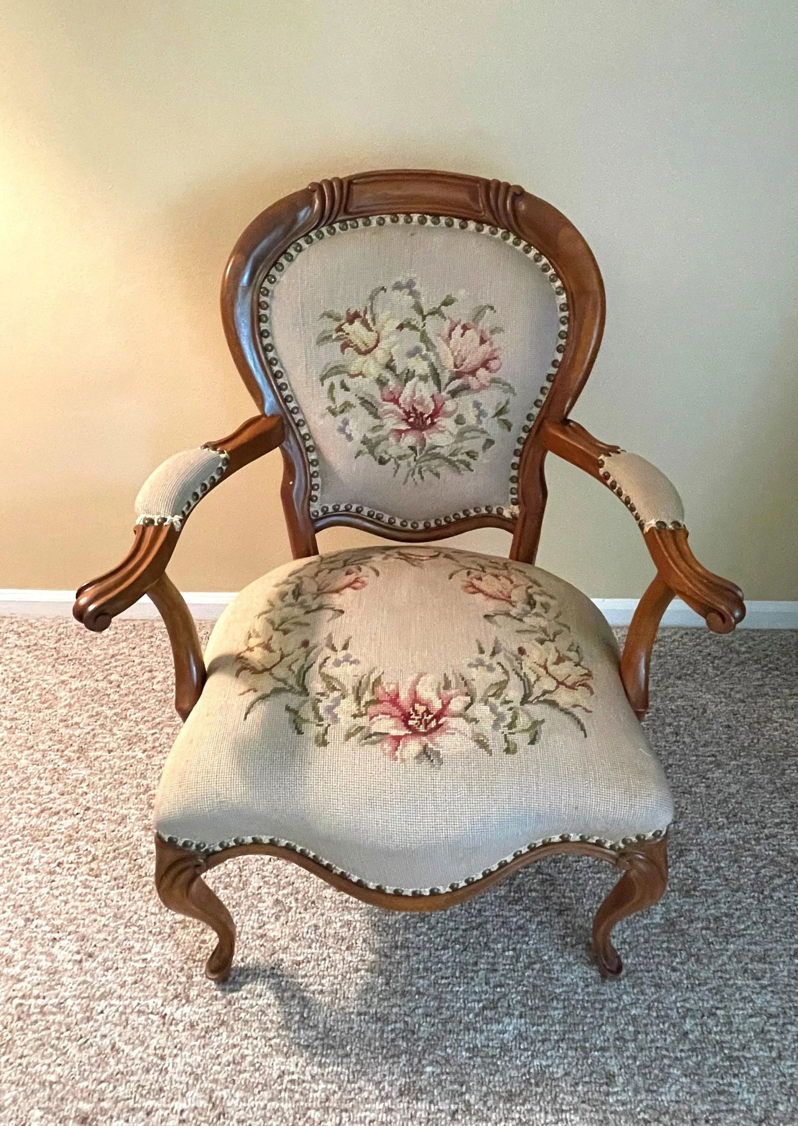 1920s French Needlepoint Upholstered Walnut Accent Chair - 4