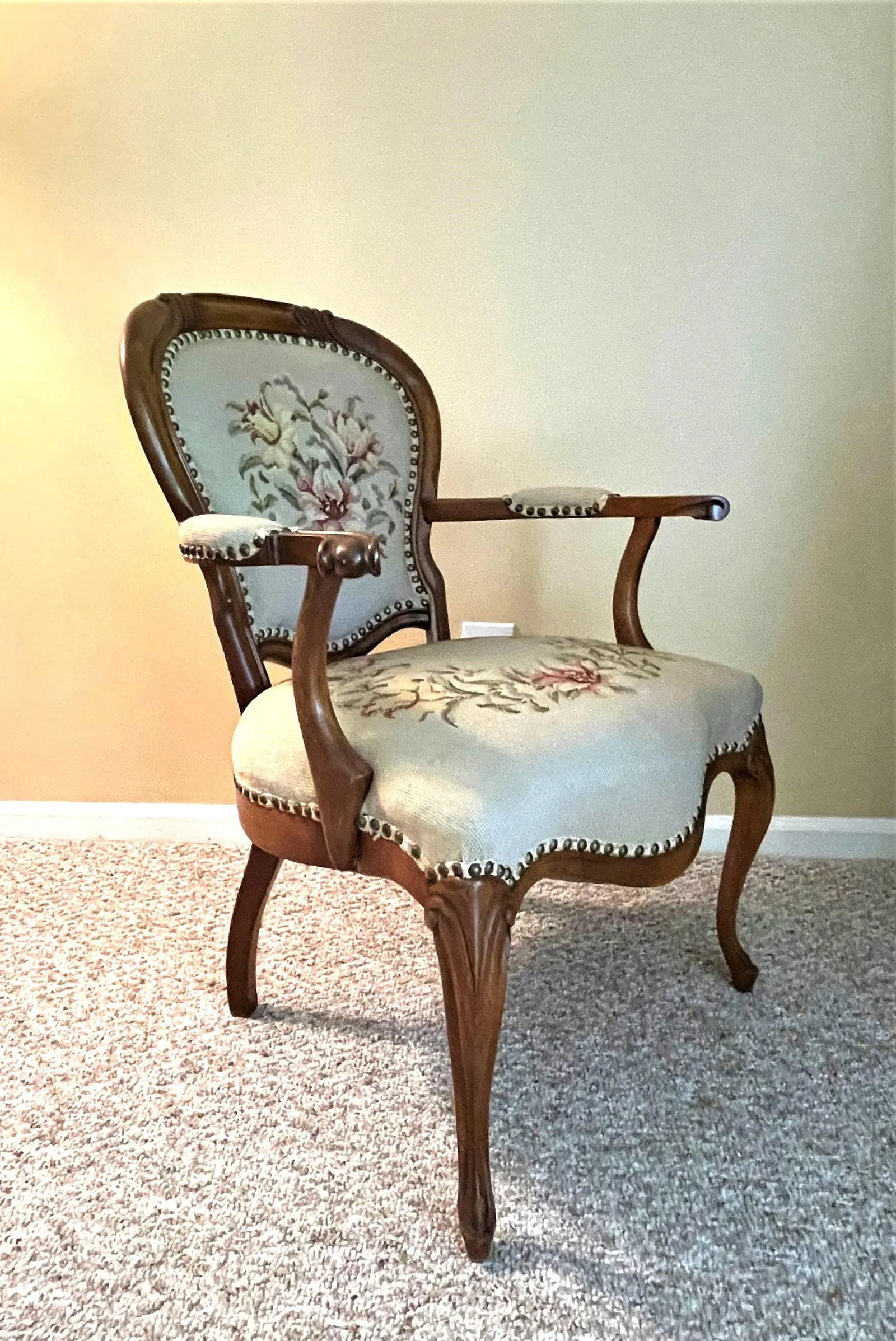 1920s French Needlepoint Upholstered Walnut Accent Chair - 5