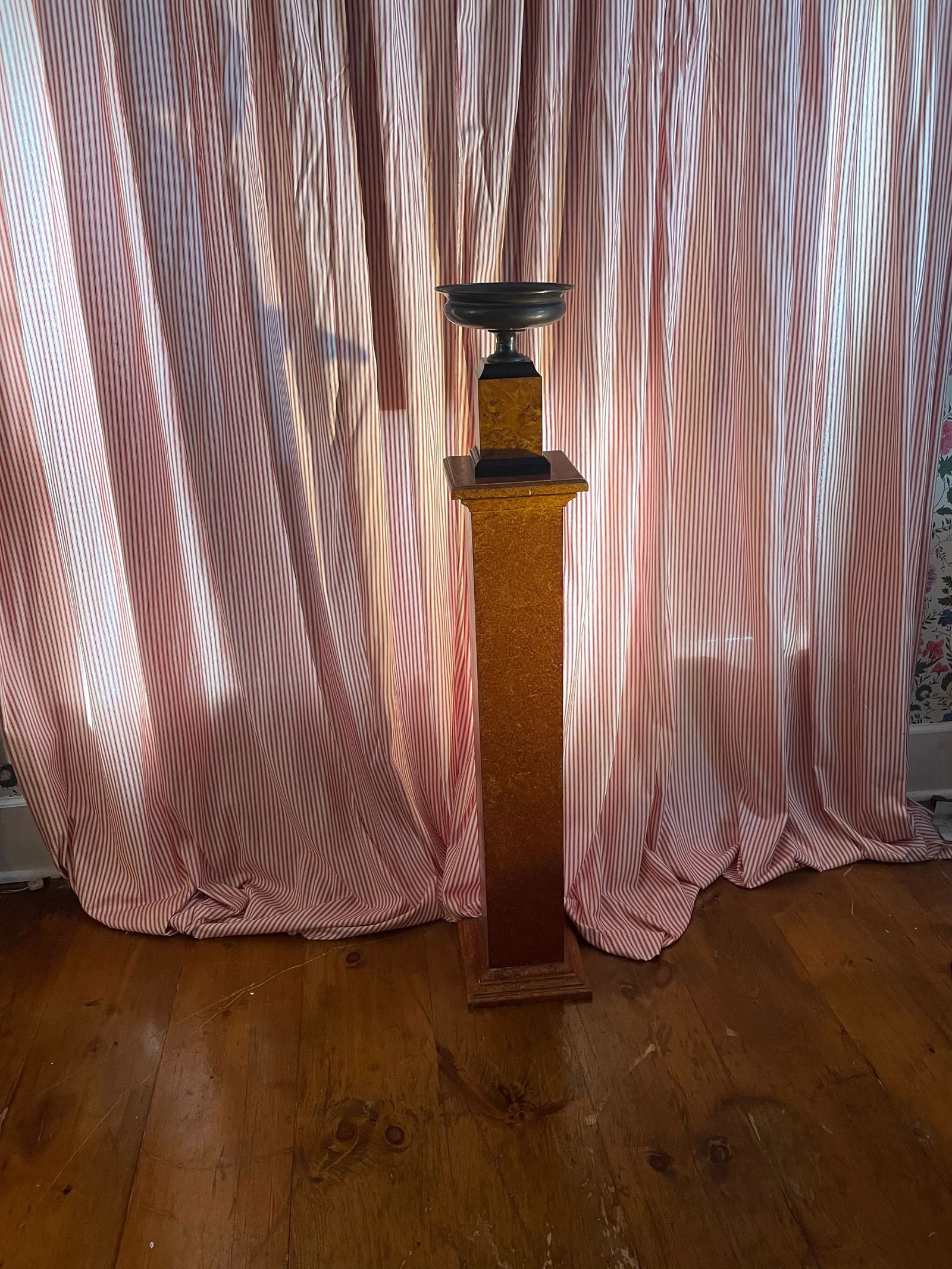 Early 20th Century Metal Tazza Urn on Burl Base on Faux Finish Pedestal- 2 Pieces - 2