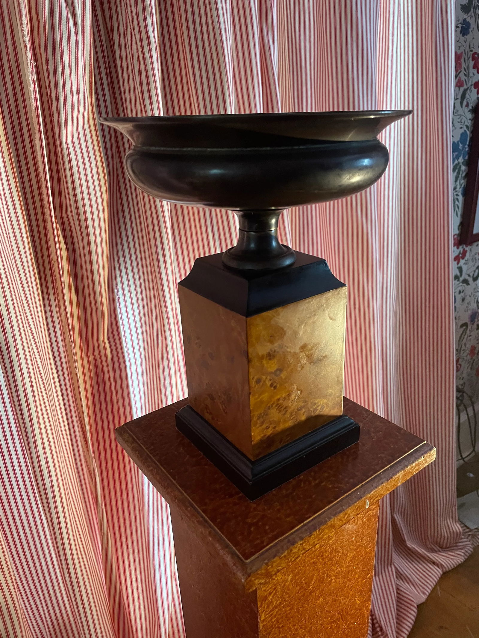 Early 20th Century Metal Tazza Urn on Burl Base on Faux Finish Pedestal- 2 Pieces - 5