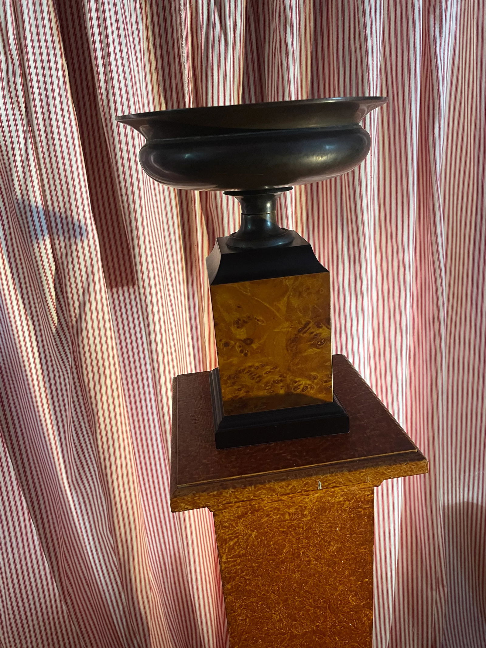 Early 20th Century Metal Tazza Urn on Burl Base on Faux Finish Pedestal- 2 Pieces - 6