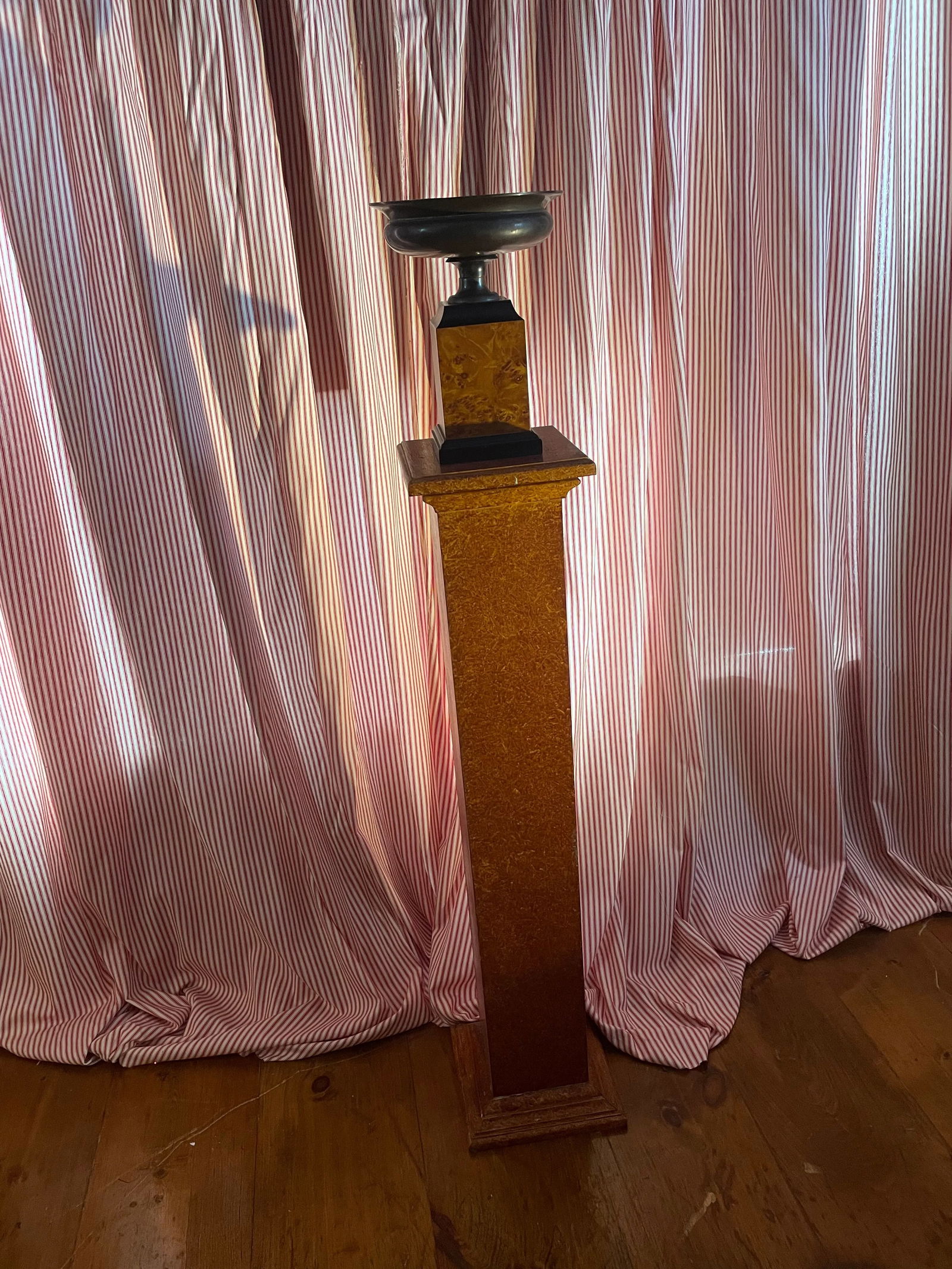 Early 20th Century Metal Tazza Urn on Burl Base on Faux Finish Pedestal- 2 Pieces - 8