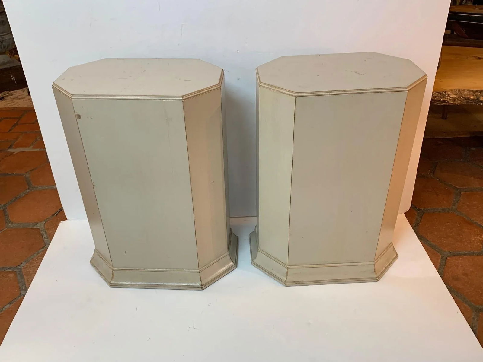 Neoclassical Octagonal Gray Painted Pedestals -A Pair - 12