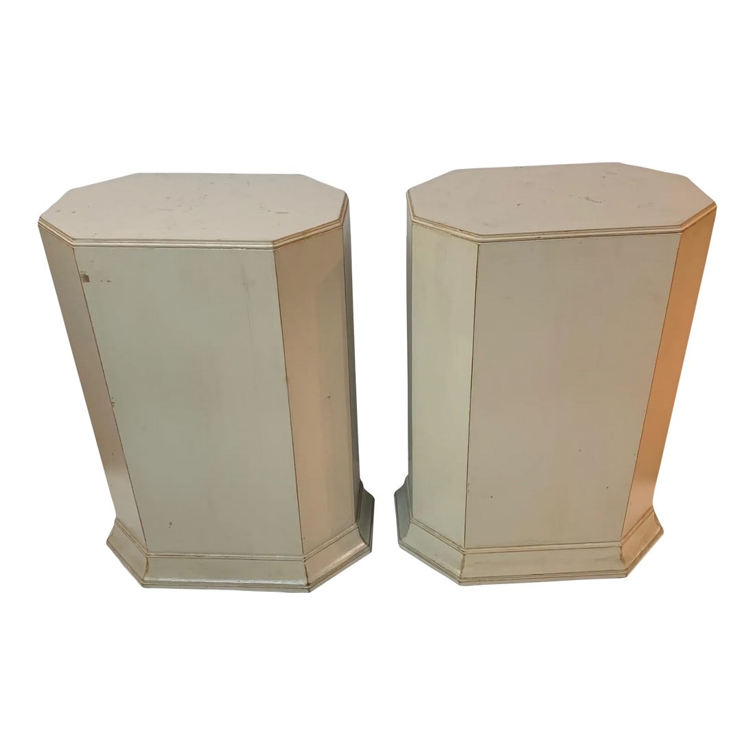 Neoclassical Octagonal Gray Painted Pedestals -A Pair: Handsome heavy pair of light grey solid painted wood pedestals having an elongated octagonal shape. Condition: Alterations: Original Condition Unaltered Imperfections: Some Imperfections Condition Not