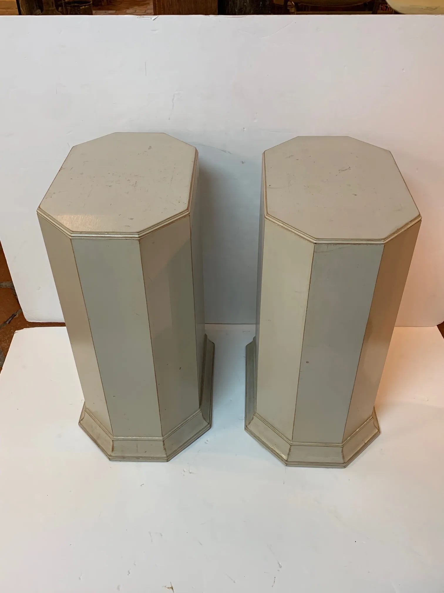 Neoclassical Octagonal Gray Painted Pedestals -A Pair - 4
