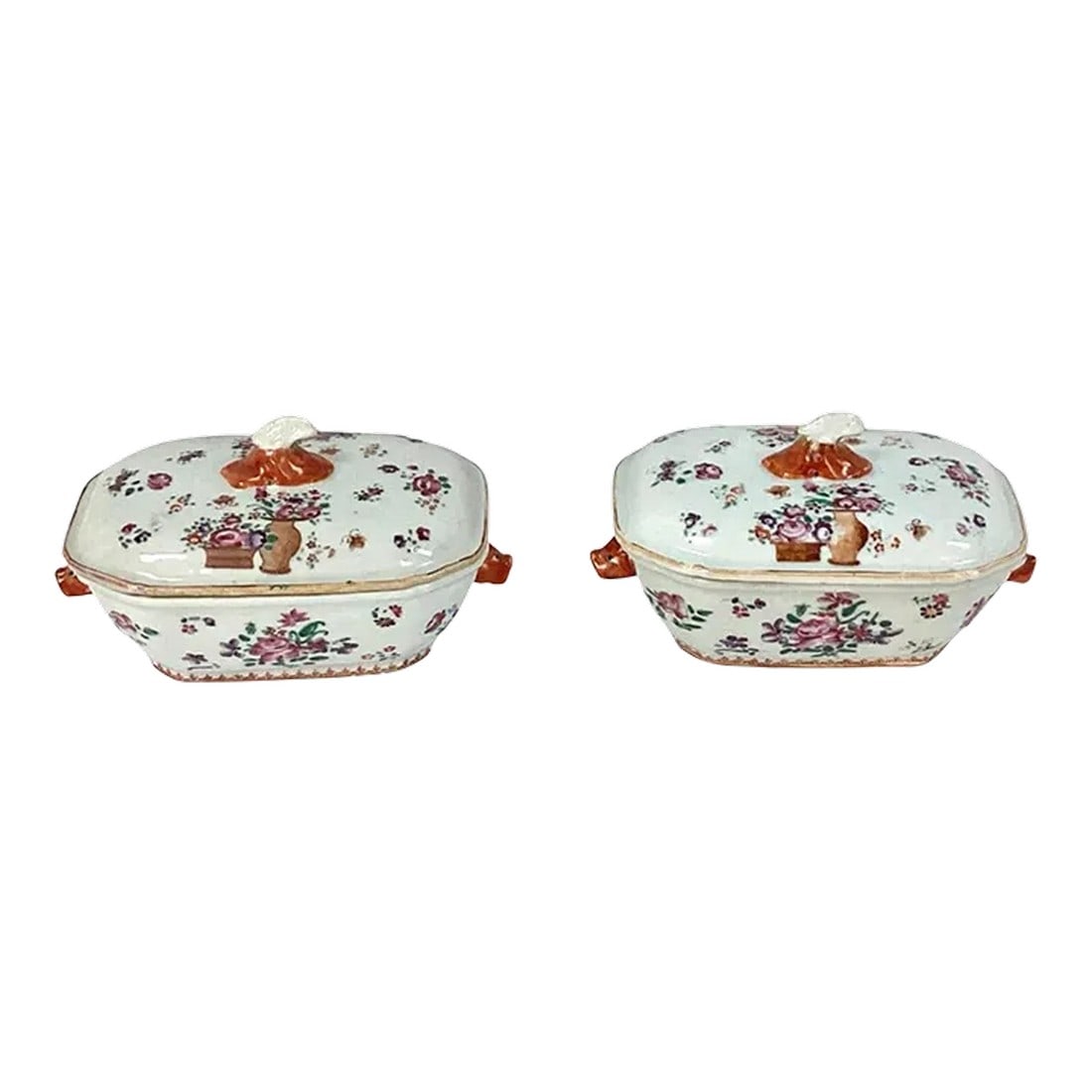 Set of 2 19th Century Chinese Export Famille Rose Tureens, Small: Set of two small Chinese export famille rose porcelain tureens. Colors of pink, orange, and brown on a white background. Each tureen has boar's heads as handles on ends. Condition: Alterations: