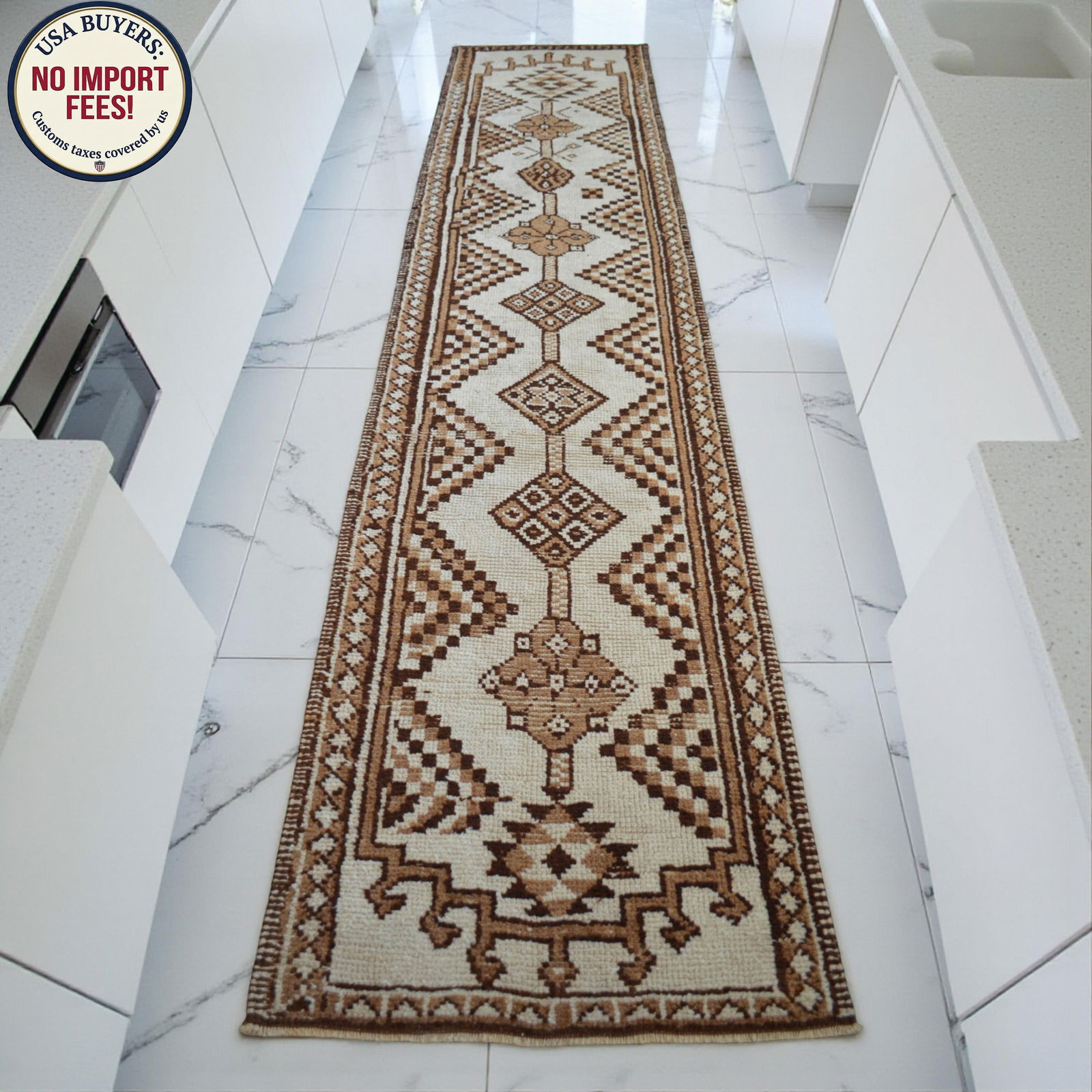1970s Pure Natural Undyed Wool Hand-Knotted Turkish Runner Rug Moroccan Style - 2"²9"³ - 6
