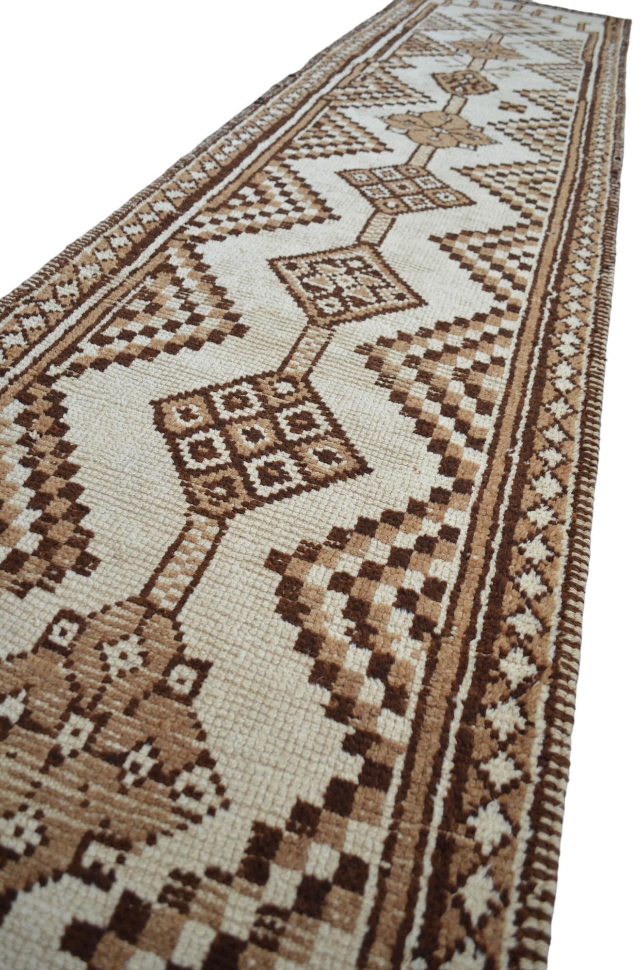 1970s Pure Natural Undyed Wool Hand-Knotted Turkish Runner Rug Moroccan Style - 2"²9"³ - 9