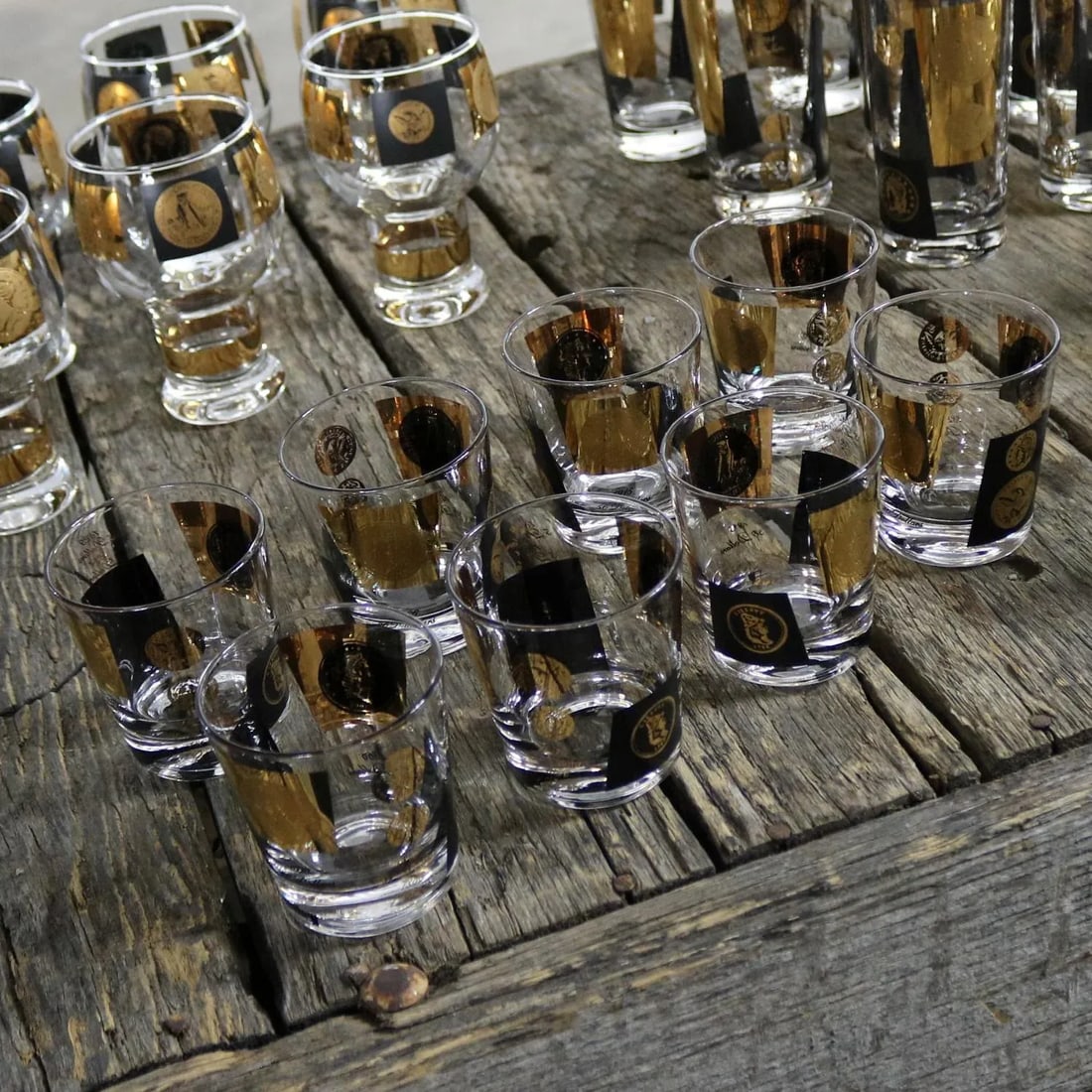 Cera Black & Gold Coin Design Barware and Glasses - Set of 26 - 8