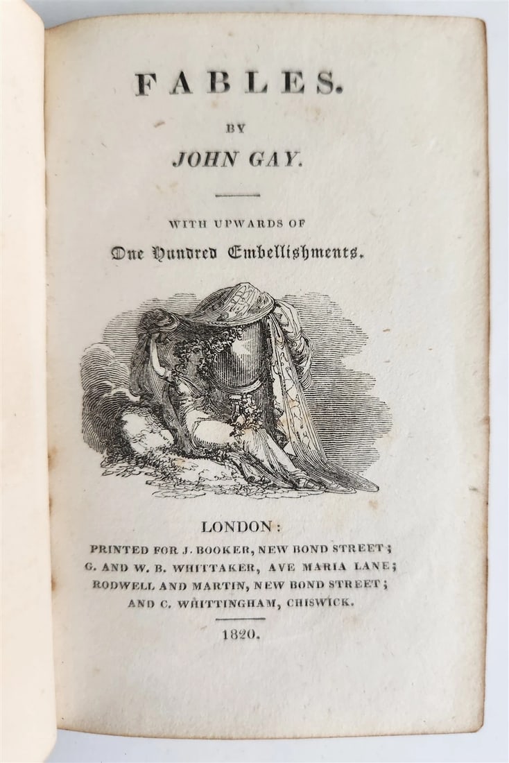 1820 FABLES by JOHN GAY antique in ENGLISH illustrated: Title: 1820 FABLES by JOHN GAY antique in ENGLISH illustrated Description: FABLES by JOHN GAY London; 1820 Illustrated Original leather binding, lacks spine (taped) Marbled endpapers Minor foxing Text