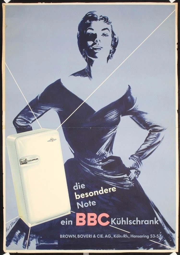 VINTAGE LARGE ORIGINAL 1956 BBC REFRIGERATOR ADVERTISING POSTER: Title: VINTAGE LARGE ORIGINAL 1956 BBC REFRIGERATOR ADVERTISING POSTER Description: VINTAGE LARGE ORIGINAL 1956 BBC REFRIGERATOR ADVERTISING POSTER Artist: Glombig (Gig), Kurt. BBC Kühlschrank. T
