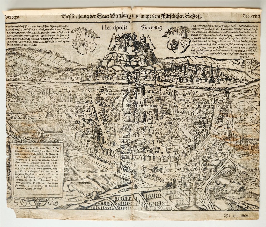 1572 WURZBURG GERMANY HERBIPOLIS MAP from SEBASTIEN MUNSTER COSMOGRAPHY antique: Title: 1572 WURZBURG GERMANY HERBIPOLIS MAP from SEBASTIEN MUNSTER COSMOGRAPHY antique Description: WURZBURG , GERMANY - HERBIPOLIS Map from 1572 Sebastien Munster's Cosmography Size 12 1/4 by 14 1/2