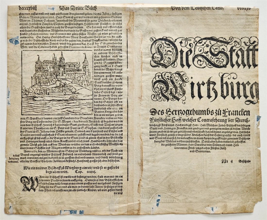 1572 WURZBURG GERMANY HERBIPOLIS MAP from SEBASTIEN MUNSTER COSMOGRAPHY antique - 4