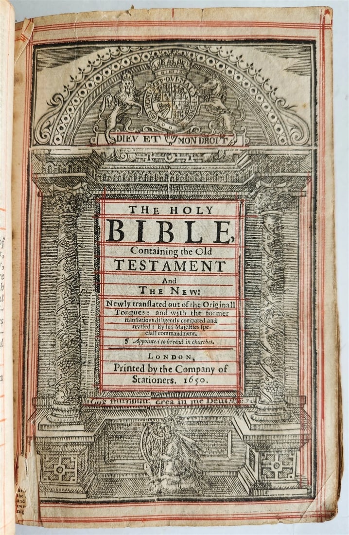 1650 BIBLE in ENGLISH antique FINE ORIGINAL BINDING w/ SILVER CORNER PIECES: Title: 1650 BIBLE in ENGLISH antique FINE ORIGINAL BINDING w/ SILVER CORNER PIECES Description: The Holy Bible, containing the Old Testament and the New. London; 1650 (Both titles present, Old & New T