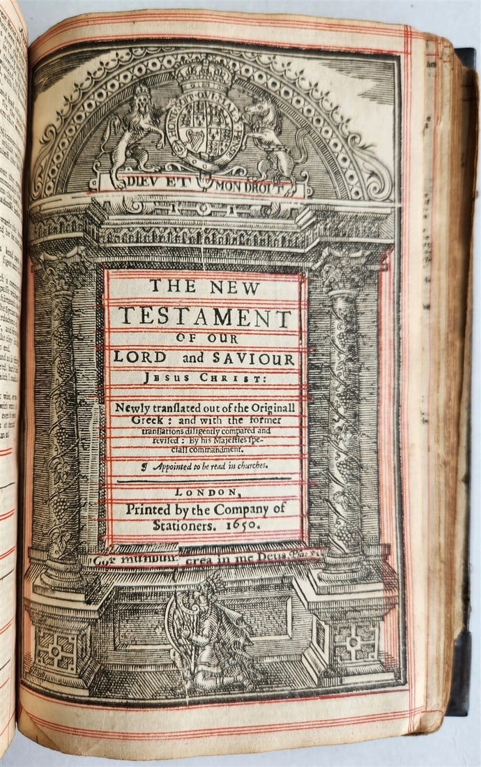 1650 BIBLE in ENGLISH antique FINE ORIGINAL BINDING w/ SILVER CORNER PIECES - 2