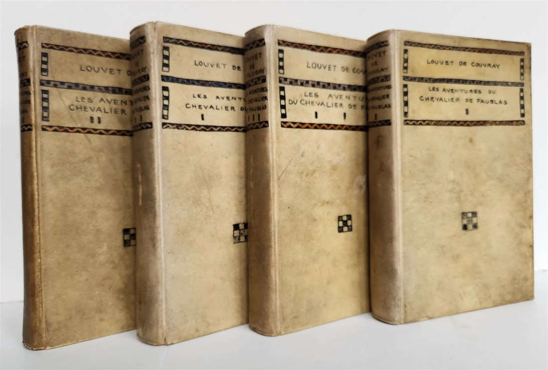 1883 LES AVENTURES DU CHEVALIER DE FAUBLAS 4 volumes VELLUM BOUND: Title: 1883 LES AVENTURES DU CHEVALIER DE FAUBLAS 4 volumes VELLUM BOUND Description: LES AVENTURES DU CHEVALIER DE FAUBLAS by LOUVET de COURAY 4 volumes Bruxelles; 1883 fast-paced libertine novel