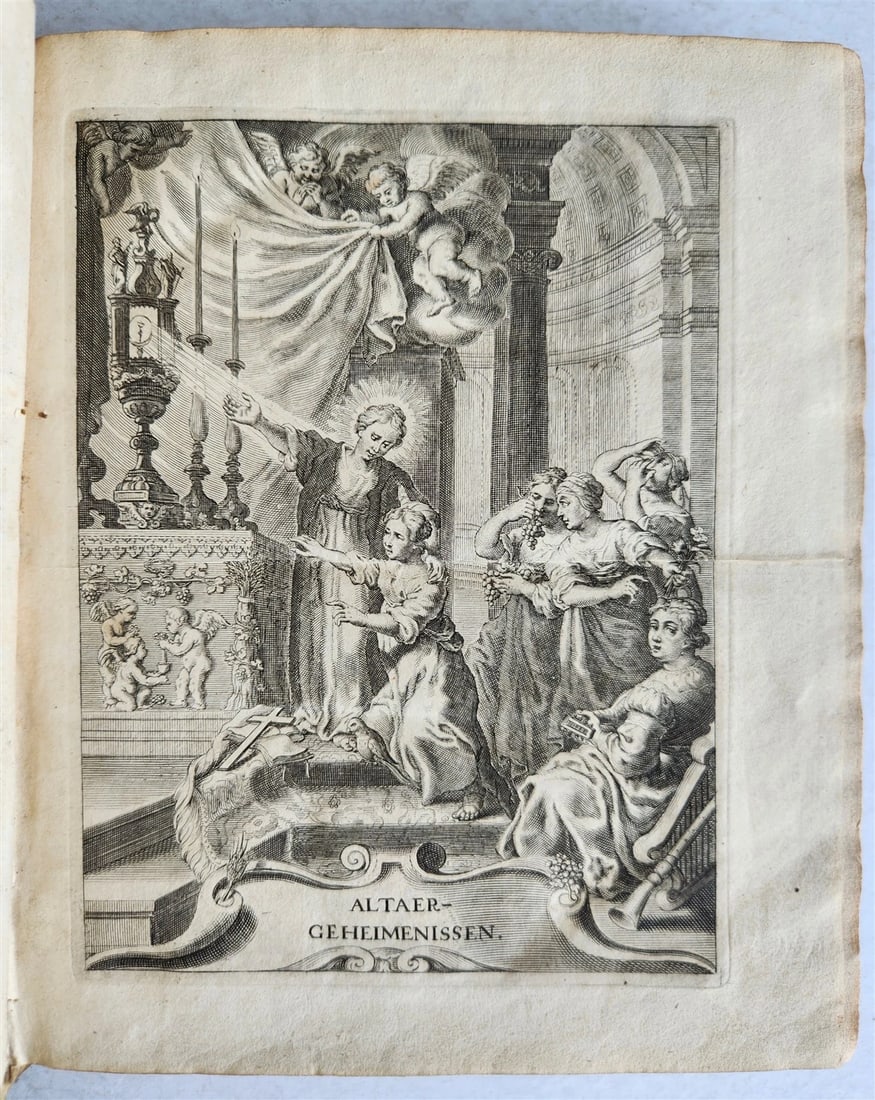 1718 ALTAR SECRETS in DUTCH ILLUSTRATED antique BLIND-STAMPED VELLUM: Title: 1718 ALTAR SECRETS in DUTCH ILLUSTRATED antique BLIND-STAMPED VELLUM Description: ALTAER-GEHEIMENISSEN (Altar Secrets) Te Keulen: In de Nieuwe Druckereye ; 1718 With copperplate frontispiece