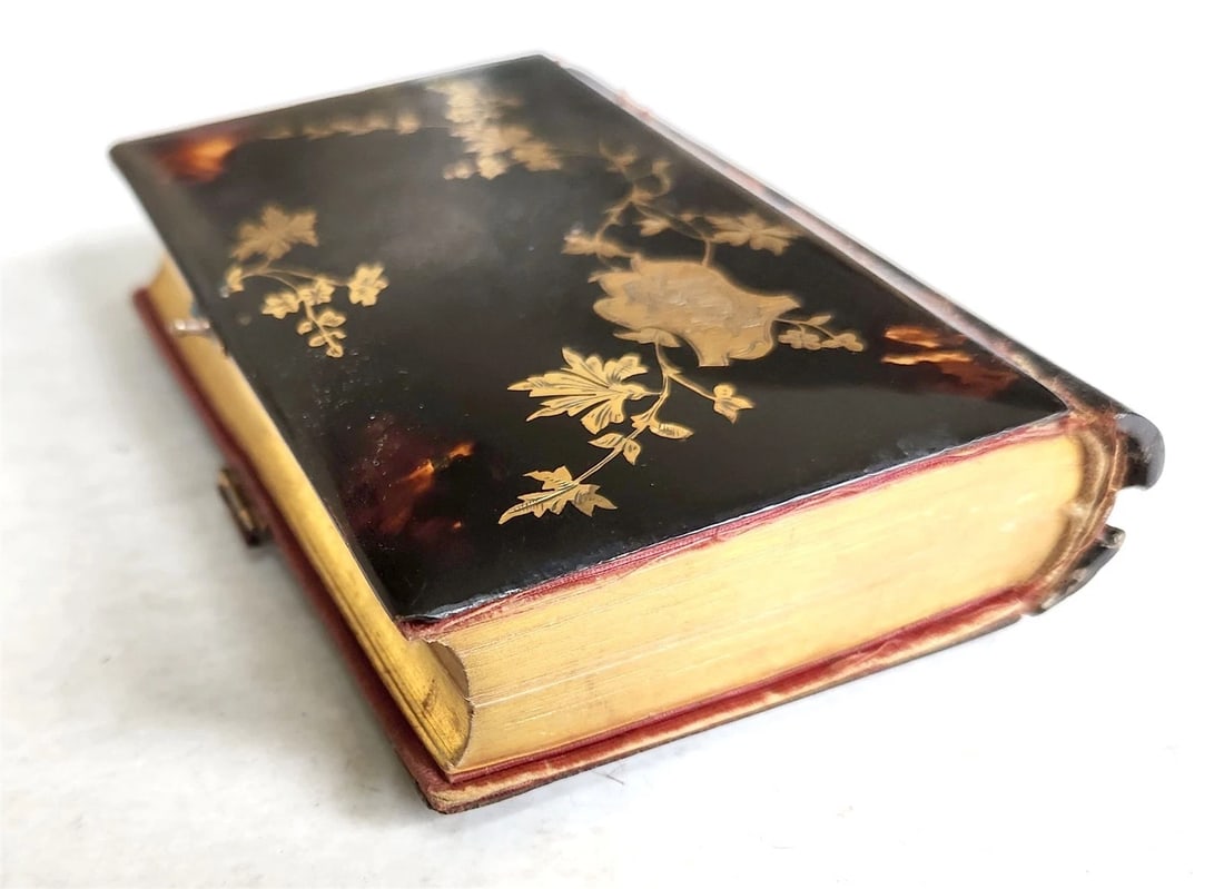 1889 TORTOISESHELL GOLD INLAY BINDING CATHOLIC PRAYER BOOK LATIN/FRENCH antique - 4