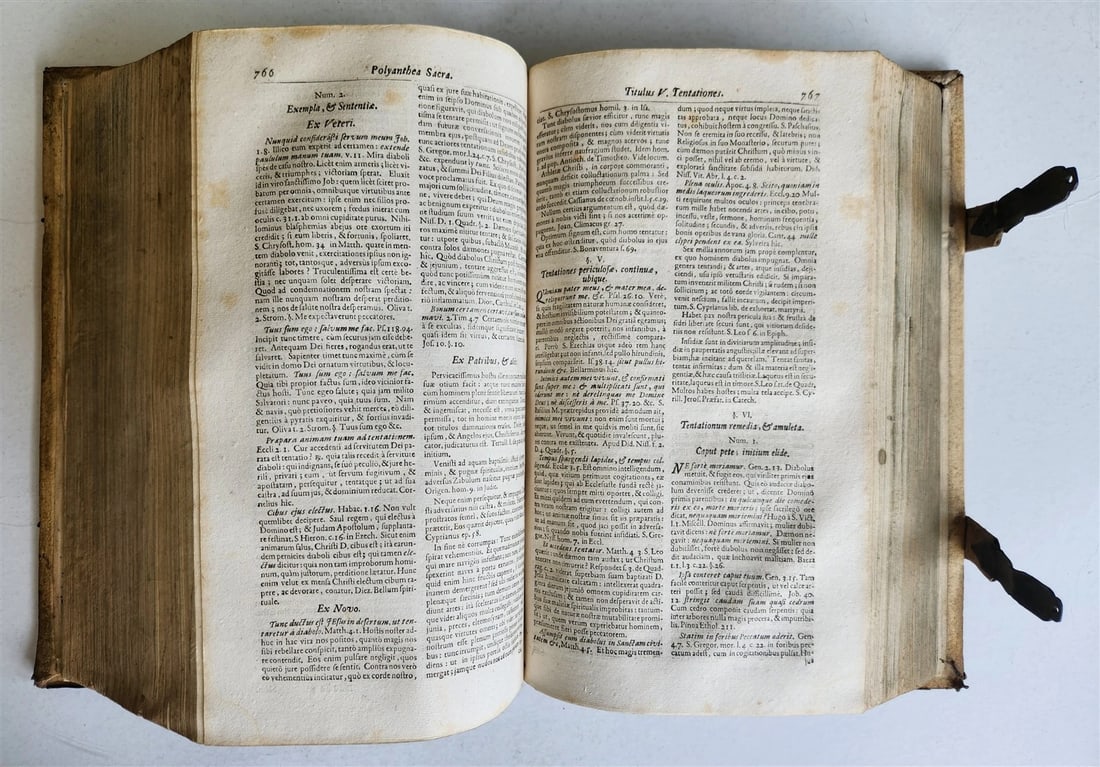 1702 POLYANTHEA SACRA antique BLIND-STAMPED PIGSKIN BOUND FOLIO w/CLASPS - 8