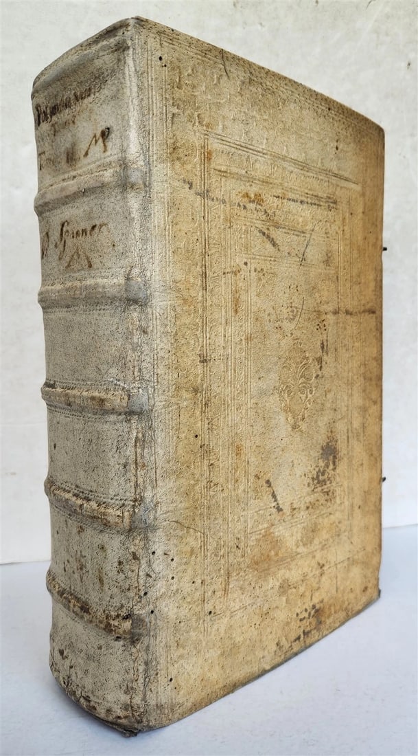 1702 POLYANTHEA SACRA antique BLIND-STAMPED PIGSKIN BOUND FOLIO w/CLASPS: Title: 1702 POLYANTHEA SACRA antique BLIND-STAMPED PIGSKIN BOUND FOLIO w/CLASPS Description: Spanner, A. Polyanthea sacra... Augustae Vindelicorum & Dilingae; 1702 Original blind-stamped pigskin over