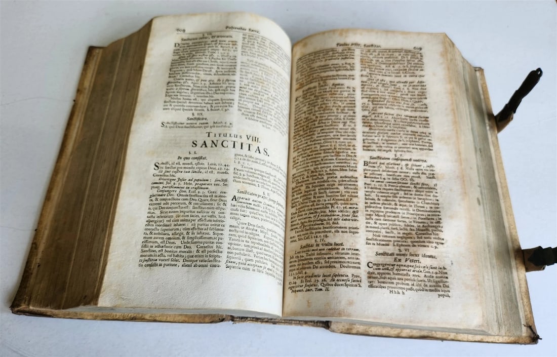 1702 POLYANTHEA SACRA antique BLIND-STAMPED PIGSKIN BOUND FOLIO w/CLASPS - 6