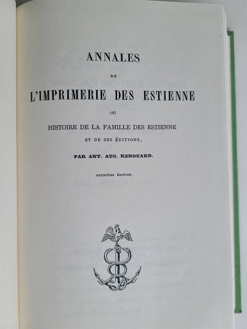 ANNALES DE L'IMPRIMERIE DES ESTIENNE in FRENCH Estiennes books bibliography: Title: ANNALES DE L'IMPRIMERIE DES ESTIENNE in FRENCH Estiennes books bibliography Description: Annales de l'imprimerie des Estienne, ou histoire de la famille des Estienne et de ses editions by RENOU