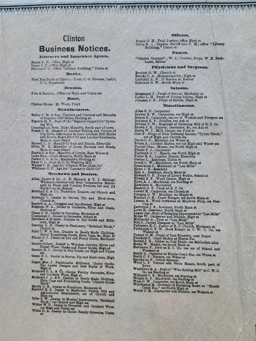PLAN of TOWN of CLINTON MA antique 31.5 by 39.5" - 4