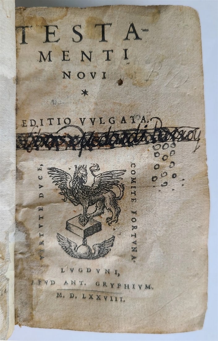 1578 BIBLE in LATIN ILLUSTRATED NEW TESTAMENT VELLUM BOUND 16th CENTURY antique: Title: 1578 BIBLE in LATIN ILLUSTRATED NEW TESTAMENT VELLUM BOUND 16th CENTURY antique Description: Testamenti Novi, editio vulgata Lyon, Antoine Gryphe; 1578 Size 3 1/2 by 4 3/4 496, 343, [16] pp, pr