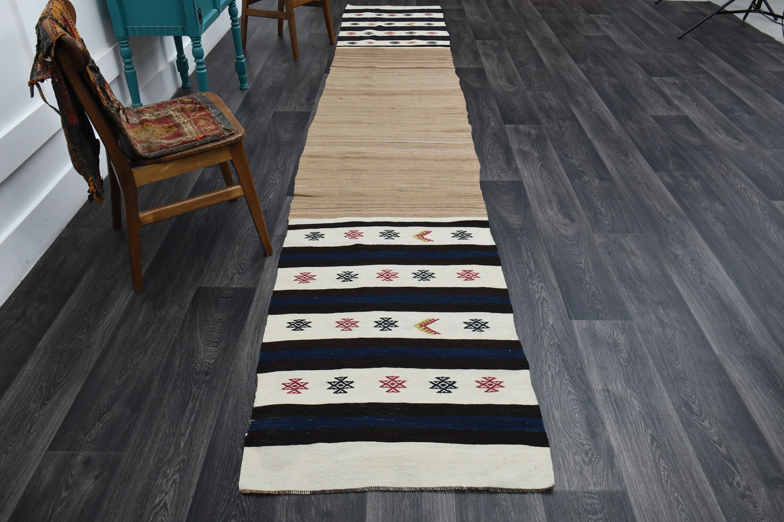 2.7x14.9 ft, TURKISH RUNNER RUG, Oushak: Title: 2.7x14.9 ft, TURKISH RUNNER RUG, Oushak Description: This Turkish one-of-a-kind Vintage Flatweave Kilim Rug is hand-knotted and handwoven by the most skilled artisans who use pure wool, in