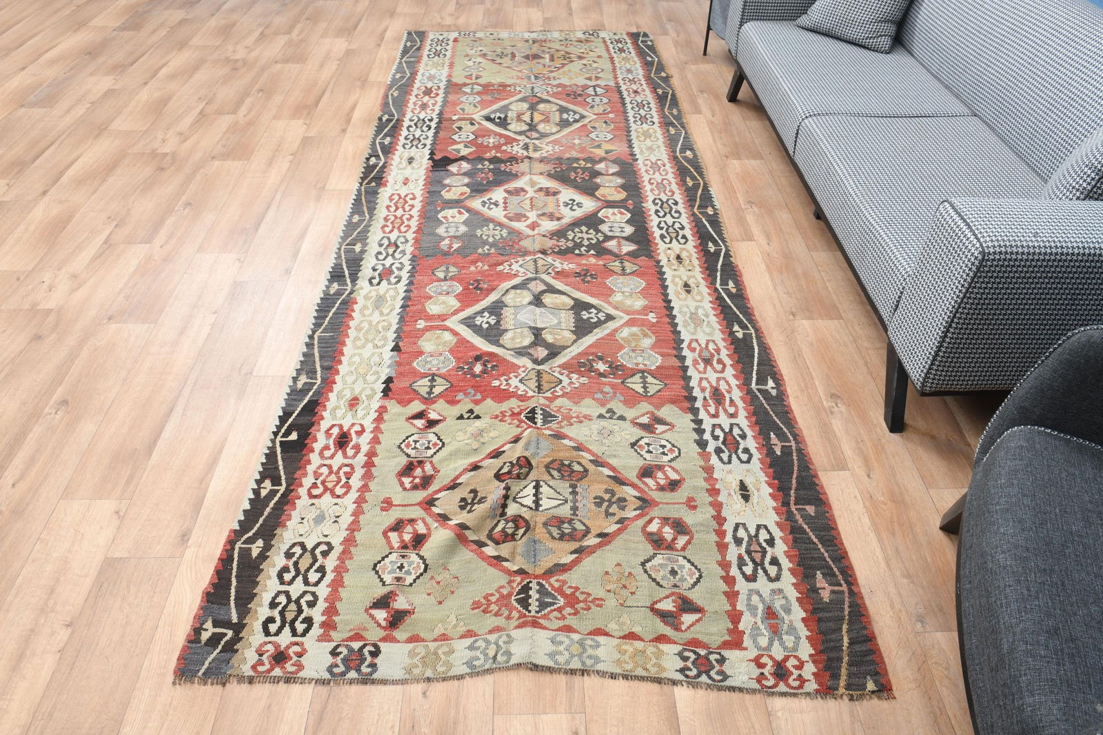 Vintage Tribal Runner Rug, Ethnic Carpet, Traditional Geometric Floor Covering, 4.3x11.6 ft,: Title: Vintage Tribal Runner Rug, Ethnic Carpet, Traditional Geometric Floor Covering, 4.3x11.6 ft, Geometric Pattern, Colorful Home Accessory Description: This Turkish one-of-a-kind Vintage Flatweave