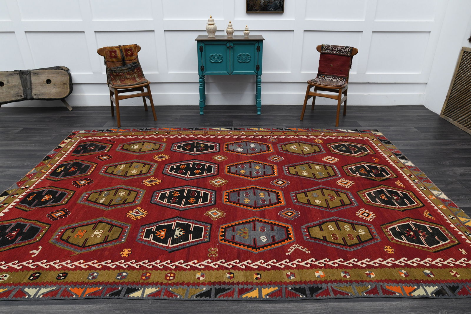 7.5x11.2 ft, VINTAGE Rug,: Title: 7.5x11.2 ft, VINTAGE Rug, Description: This Turkish one-of-a-kind Vintage Flatweave Kilim Rug is hand-knotted and handwoven by the most skilled artisans who use pure wool, in vibrant, natural t