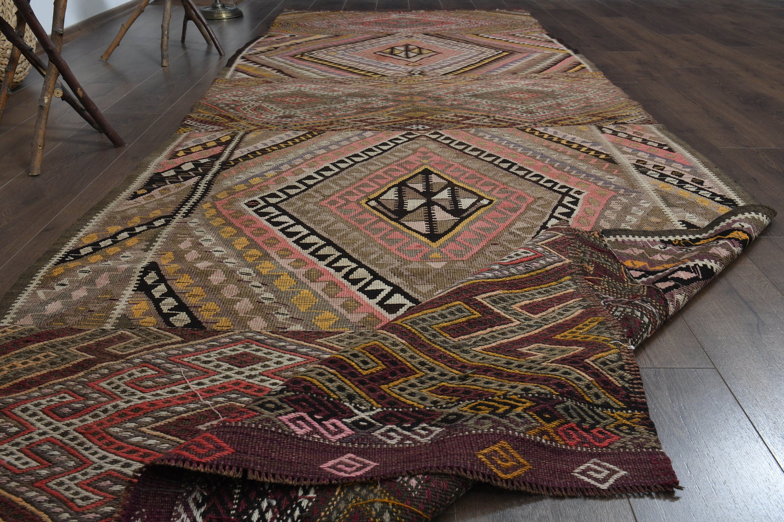 4'6x13 ft, EARTH TONE KILIM: Title: 4'6x13 ft, EARTH TONE KILIM Description: This Turkish one-of-a-kind Vintage Flatweave Kilim Rug is hand-knotted and handwoven by the most skilled artisans who use pure wool, in vibrant, natural
