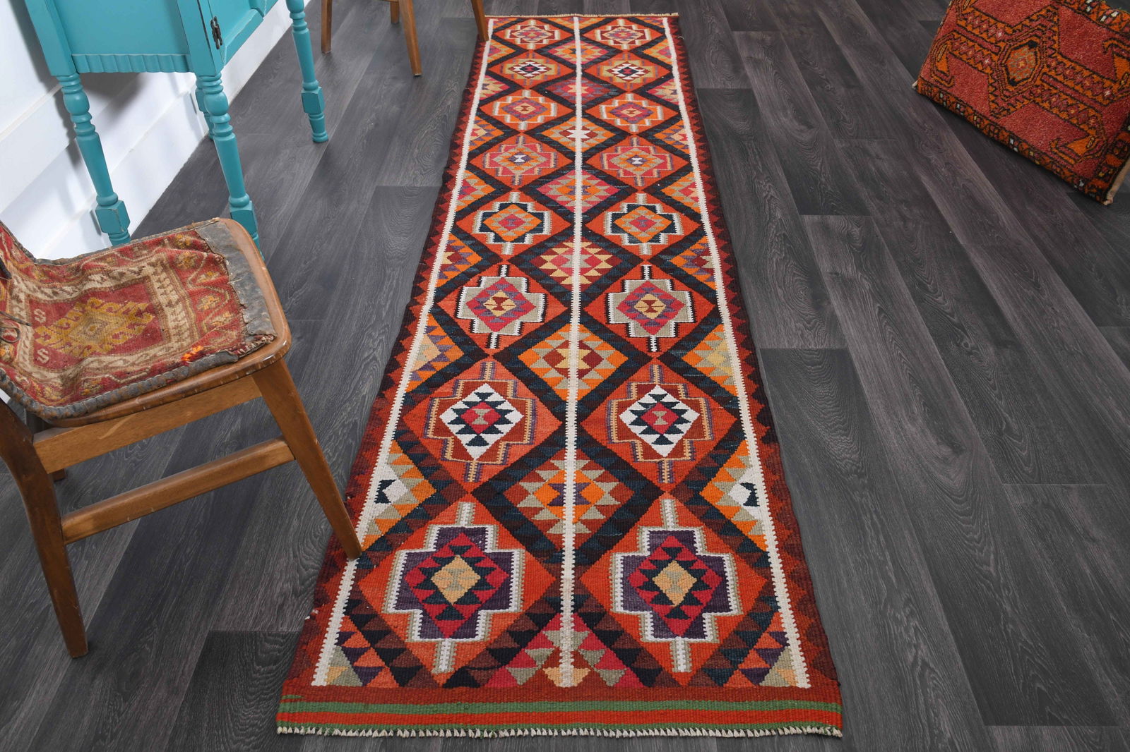 2.7x10.3 ft, TURKISH KILIM Runner: Title: 2.7x10.3 ft, TURKISH KILIM Runner Description: This Turkish one-of-a-kind Vintage Flatweave Kilim Rug is hand-knotted and handwoven by the most skilled artisans who use pure wool, in vibrant,