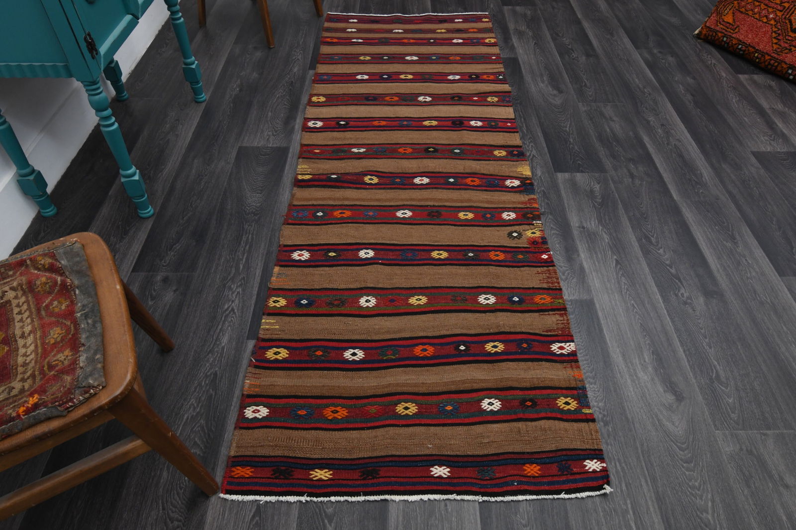 2.9x8.3 ft, TURKISH KILIM Runner: Title: 2.9x8.3 ft, TURKISH KILIM Runner Description: This Turkish one-of-a-kind Vintage Flatweave Kilim Rug is hand-knotted and handwoven by the most skilled artisans who use pure wool, in vibrant, na