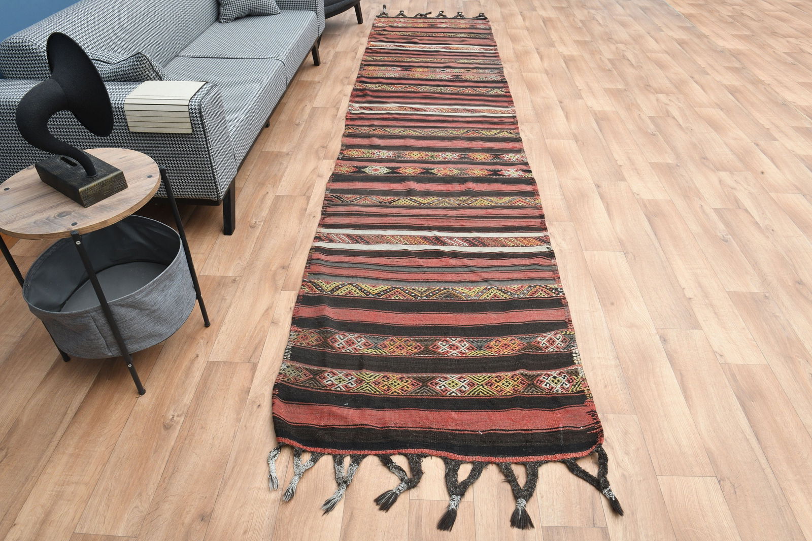 3.3x13.8 TURKISH Striped Runner Rug: Title: 3.3x13.8 TURKISH Striped Runner Rug Description: This Turkish one-of-a-kind Vintage Flatweave Kilim Rug is hand-knotted and handwoven by the most skilled artisans who use pure wool, in vibrant,