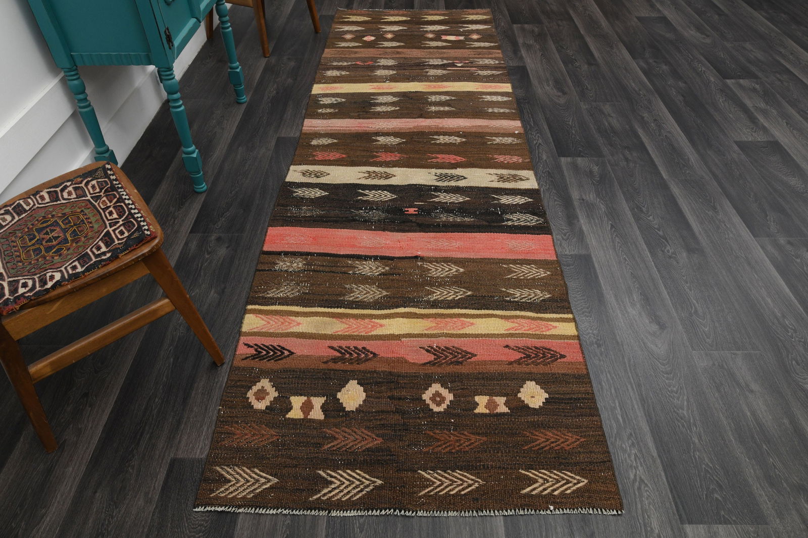 3.3x10.5 ft, TURKISH KILIM Runner: Title: 3.3x10.5 ft, TURKISH KILIM Runner Description: This Turkish one-of-a-kind Vintage Flatweave Kilim Rug is hand-knotted and handwoven by the most skilled artisans who use pure wool, in vibrant, n