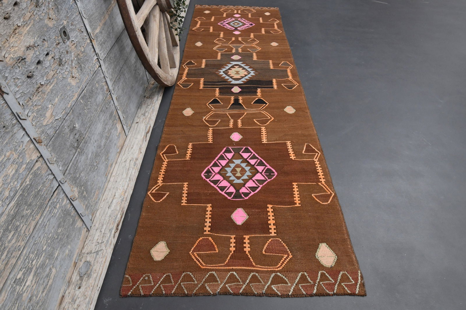 3'3x11'4 SHABBY DECOR KILIM: Title: 3'3x11'4 SHABBY DECOR KILIM Description: This Turkish one-of-a-kind Vintage Flatweave Kilim Rug is hand-knotted and handwoven by the most skilled artisans who use pure wool, in vibrant,