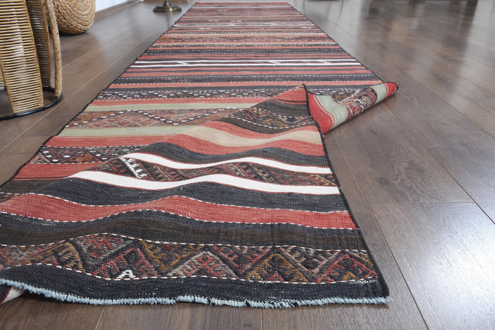 3'1x13'5 ft, TURKISH RUNNER RUG: Title: 3'1x13'5 ft, TURKISH RUNNER RUG Description: This Turkish one-of-a-kind Vintage Flatweave Kilim Rug is hand-knotted and handwoven by the most skilled artisans who use pure wool, in vibrant, nat