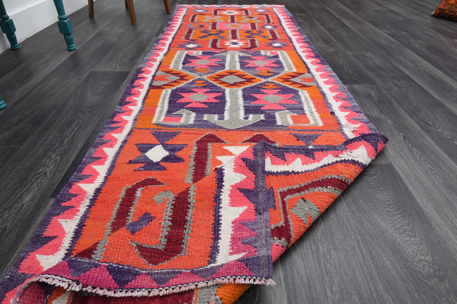 3.2x10.7 ft, TURKISH KILIM Runner: Title: 3.2x10.7 ft, TURKISH KILIM Runner Description: This Turkish one-of-a-kind Vintage Flatweave Kilim Rug is hand-knotted and handwoven by the most skilled artisans who use pure wool, in vibrant, n