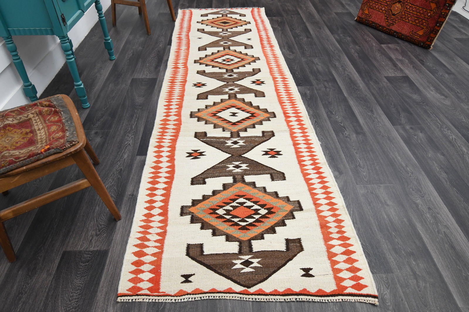 3.7x11.1 ft, White Bohemian KILIM Rug: Title: 3.7x11.1 ft, White Bohemian KILIM Rug Description: This Turkish one-of-a-kind Vintage Flatweave Kilim Rug is hand-knotted and handwoven by the most skilled artisans who use pure wool, in