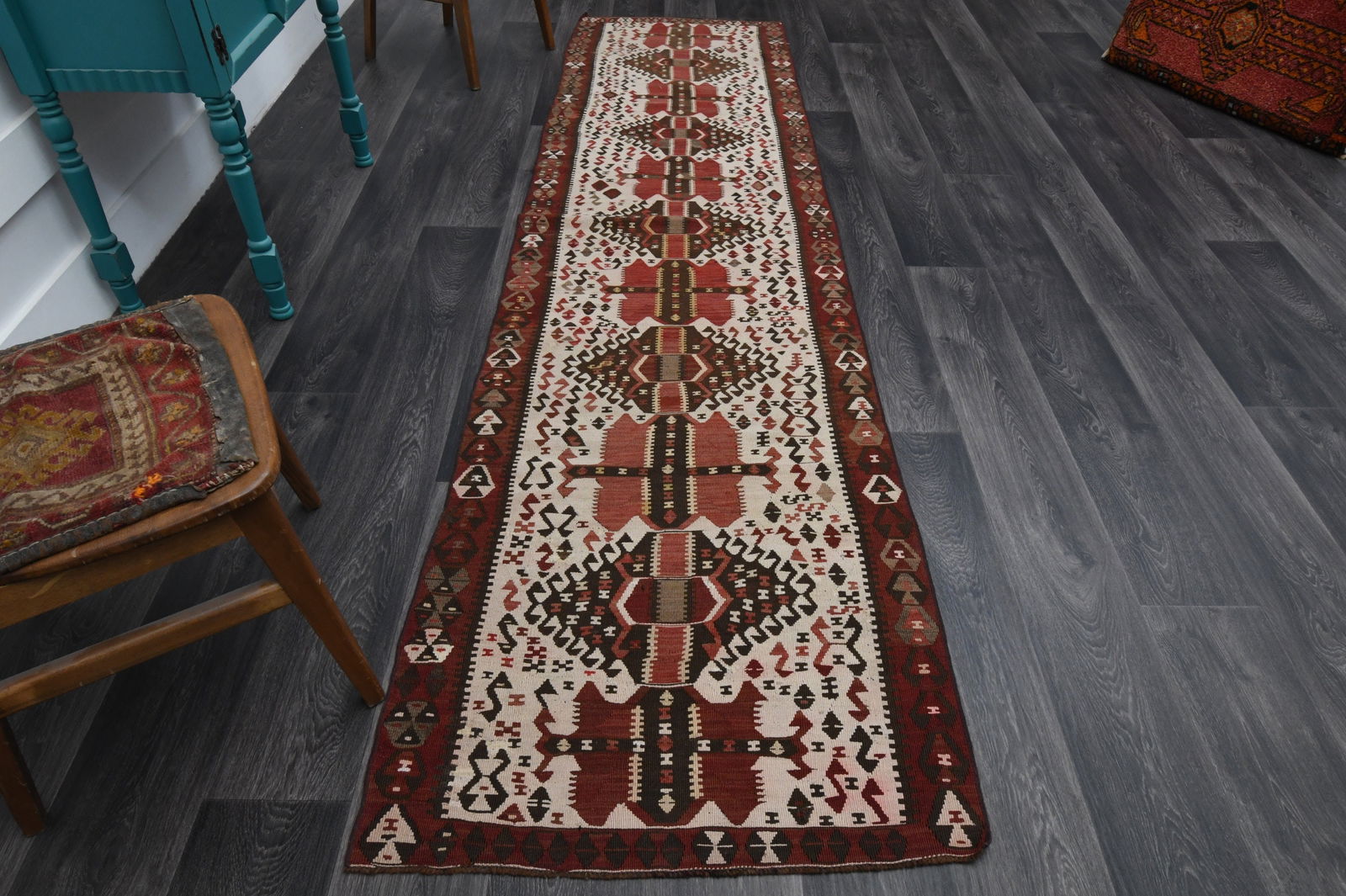 2.8x10.3 ft, TURKISH KILIM Runner: Title: 2.8x10.3 ft, TURKISH KILIM Runner Description: This Turkish one-of-a-kind Vintage Flatweave Kilim Rug is hand-knotted and handwoven by the most skilled artisans who use pure wool, in vibrant, n